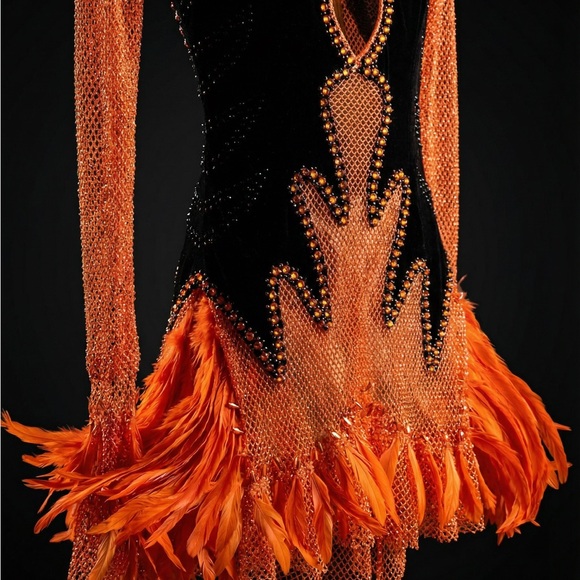 Elegant Orange and Black Mesh Dress - Picture 7 of 16